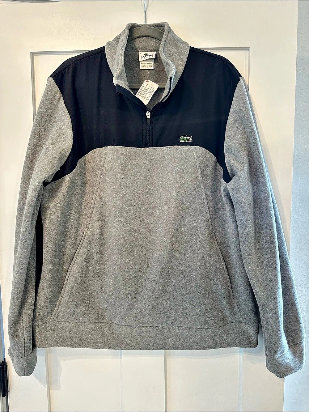 Lacoste Color Block Half-Zip Fleece Pullover in Gray & Black NWT Size 7/XXL